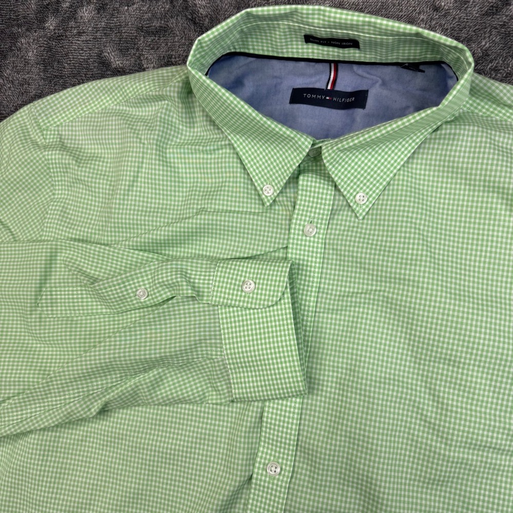 Tommy Hilfiger Shirt Mens 17.5 34/35 Green Gingham Slim Fit Non Iron Button Down
